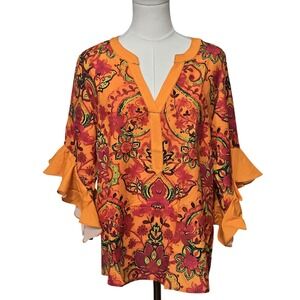 ShallWe Blouse Womens Large‎ Orange Floral Ruffle Bell Sleeve V Neck Tunic NWT
